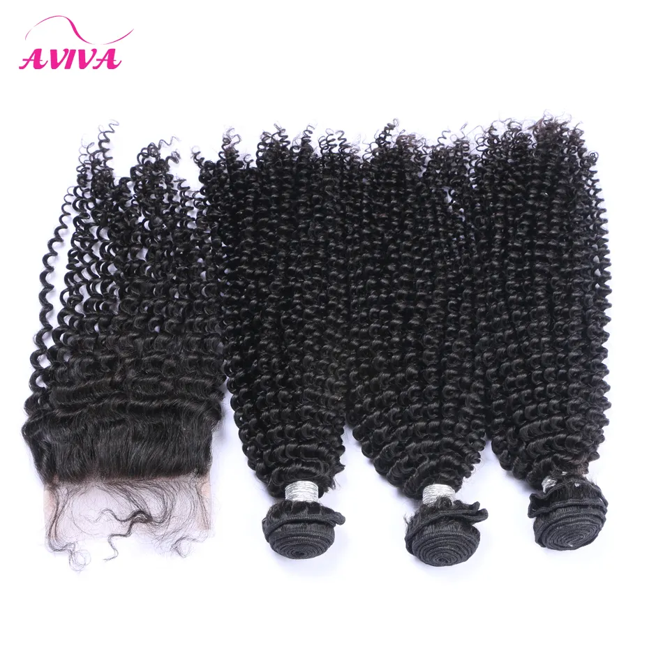 4PC / Peruvian kinky Curly Virgin Hair Weaves With Closure Obehandlat Peruvian Deep Curly Human Hair Buntar Lägg till Top Lace Stängningar 4x4