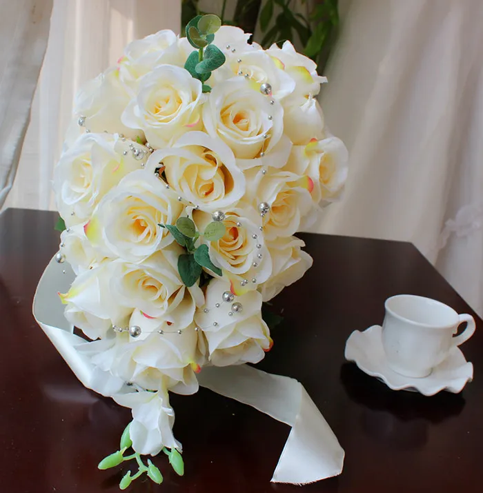 Bouquet De mariée artificielle en cascade, roses ivoire, fleurs De mariage, ruban en soie, fournitures De fête 281c