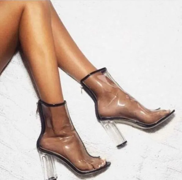 2017 nya kvinnor pvc stövlar klara häl ankel booties transparent häl peep toe booties klänning skor gladiator sommar sandaler spets upp stövlar kvinna