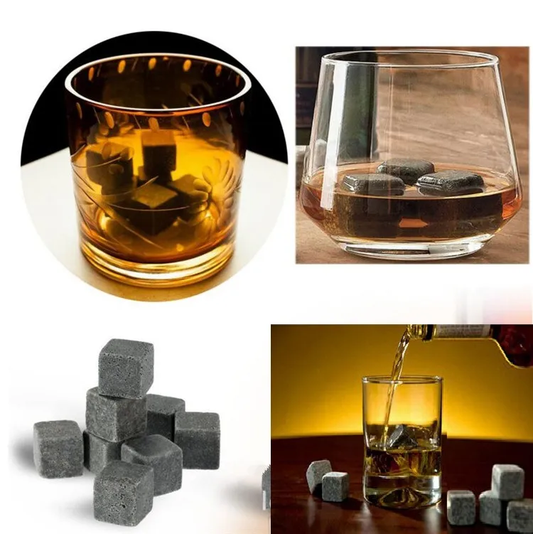 Baldes de gelo de /Stones naturais whisky pedras mais frias cuba de gelo de pedra de rocha com bolsa de armazenamento de veludo 2054