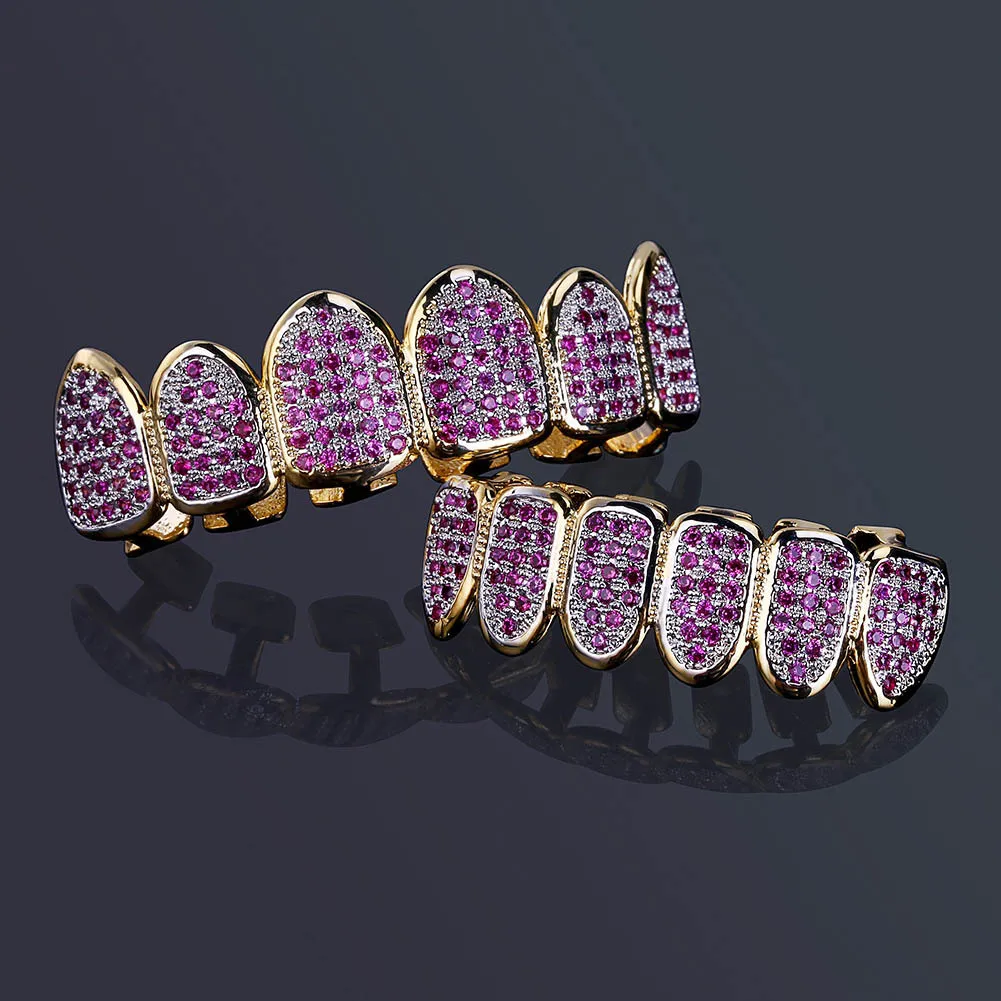 Anpassad fit Hiphop Gold Teeth Grillz Caps Micro Pave Fuchsia Cubic Zirconia Top Bottomgrillar Set for Christmas Gift Women9942504