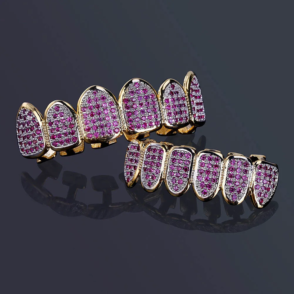 Custom Fit HipHop Gouden Tanden Grillz Caps Micro Pave Fuchsia Zirconia Top Bottom Grills Set voor Kerstcadeau Dames5082144