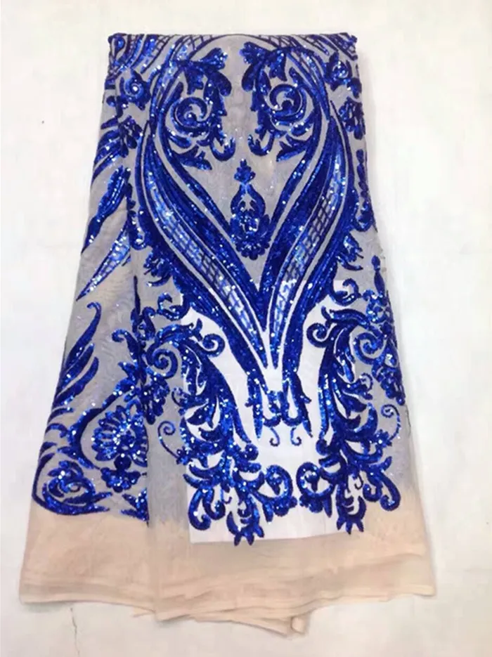 5 Y / pc Bellissimo tessuto di pizzo netto francese beige con paillettes blu royal design pizzo africano vestiti LJ12-6