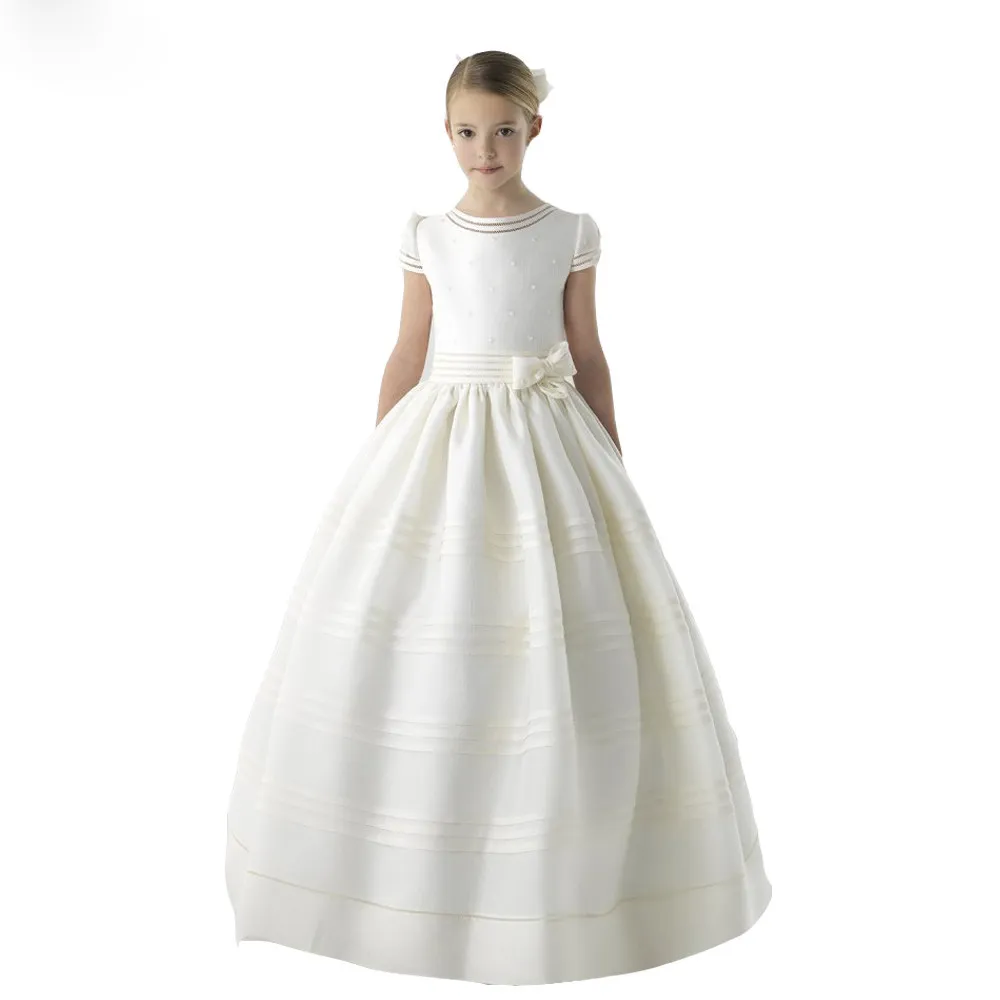Wholesale新しい白い染色の花の女の子のドレスの半袖パールビーズのドレンズの花輪の誕生日パーティーのためのドレス