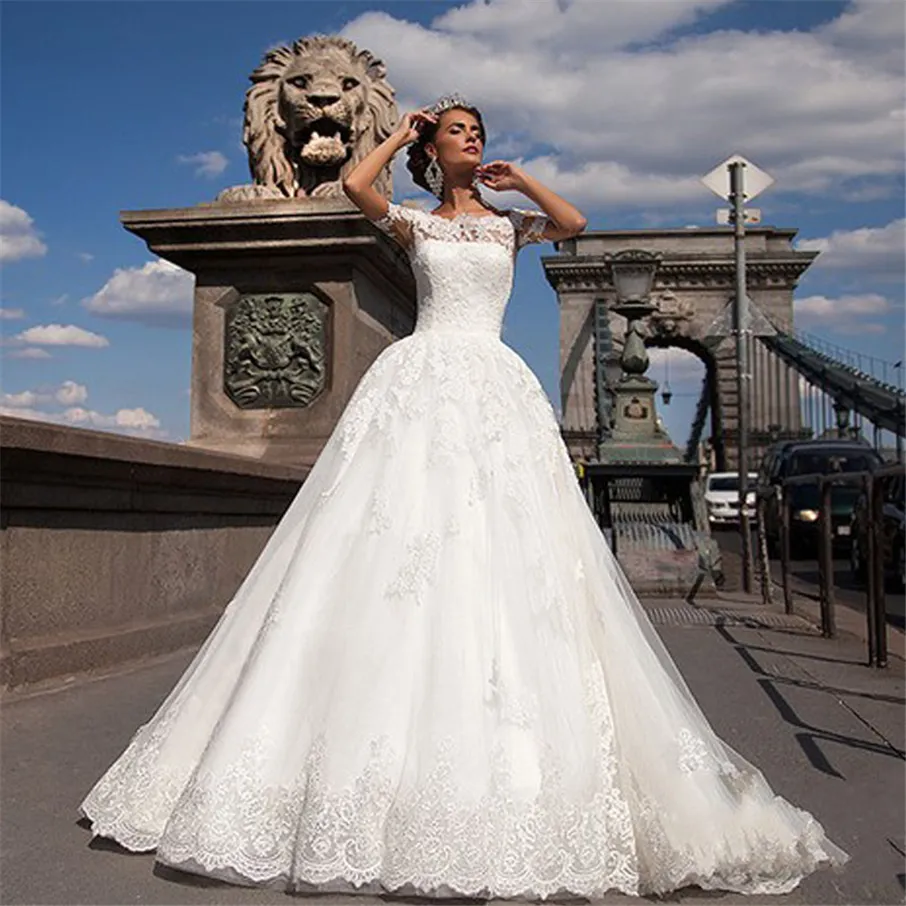 Brautkleider 2019 vestidos de novia Spitze Kurzarm U-Boot-Ausschnitt Kapelle Zug Ballkleid bodenlangen Spitze Brautkleider