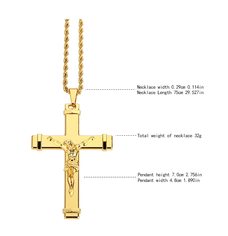 High quality 24K Gold Plated Jesus Christ Cross Pendant Necklace Hip hop Rap Golden Crucifixio Cuban Chain Necklace Men Jewelry334t