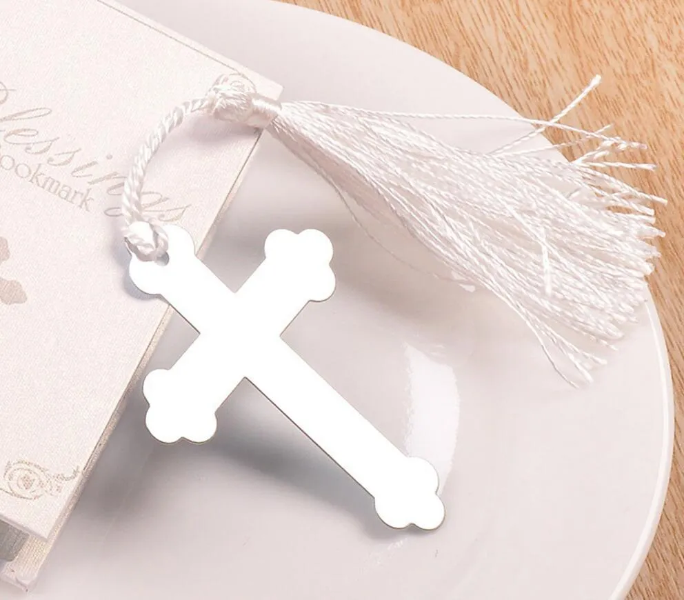 20 stks Silver Rvs White Tassel Cross Bookmark for Wedding Baby Shower Party Birthday Favor Gift Souvenirs