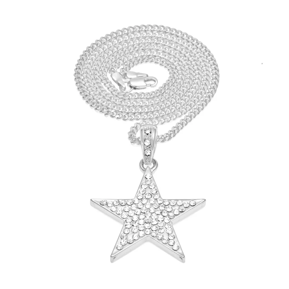 New Bling Bling Gold Star Pendant Necklace Hiphop Long Chains Necklaces for Men Women Punk Jewelry Gifts259a