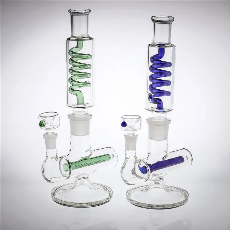 Bong in vetro Giunto da 12 pollici 14,4 mm Parte staccabile Inline Perc Base spessa Recyler Oil Rigs BLU VERDE Pipa ad acqua in vetro