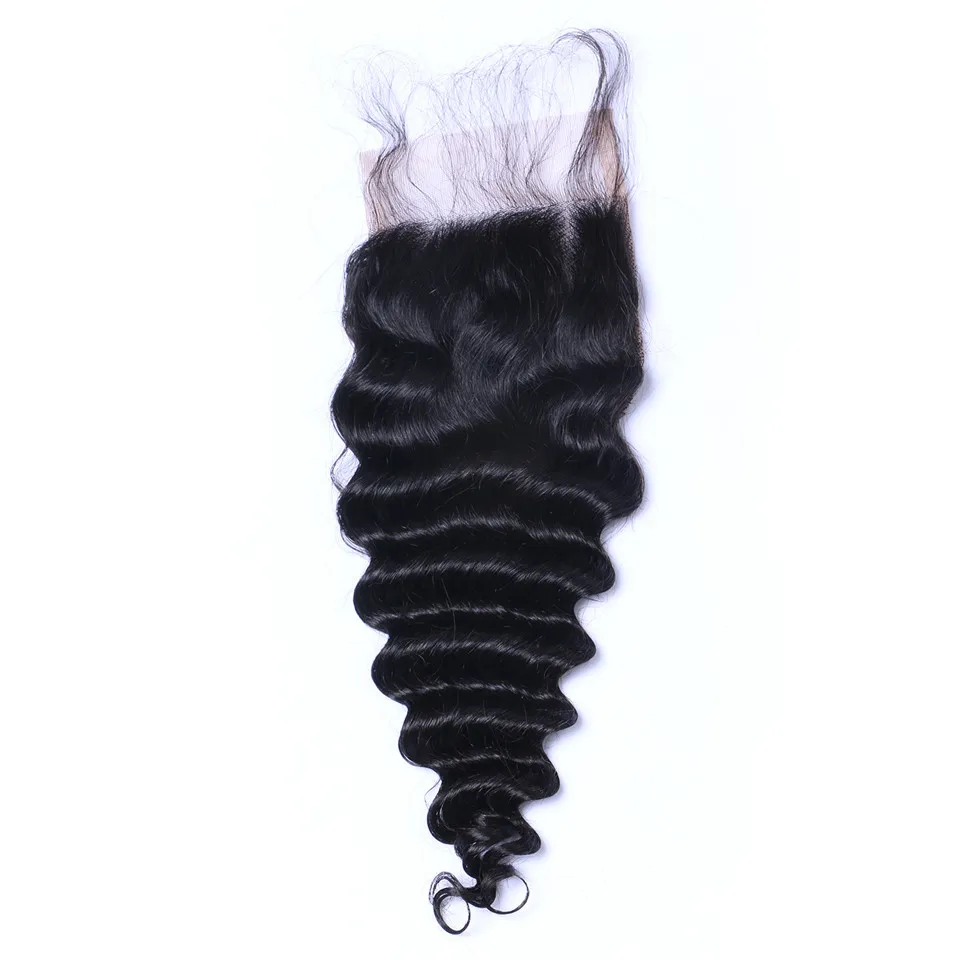 Fechamentos de laço de cabelo humano de onda profunda 4x4 Natural Natural Negro Branqueado nós pré-arrancados