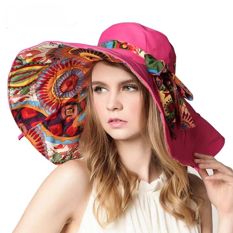 Women's Foldable Floppy Reversible Sunhat Wide Large Brim Cap Summer Beach Floral Two Sides Hat UV Protection