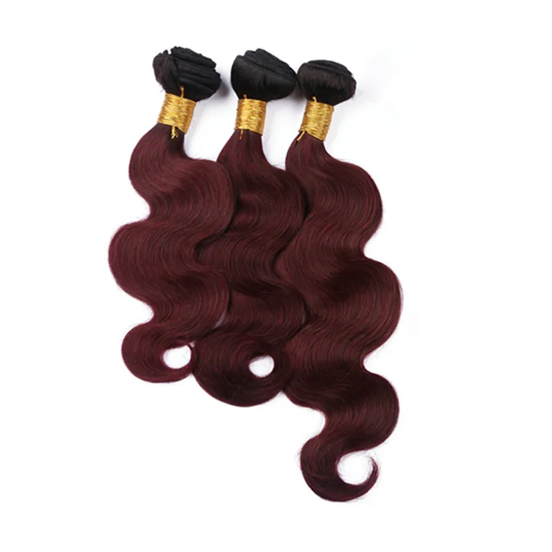 Two Tone 1B 99J Body Wave Hair Weaves With Lace Frontal Ear To Ear Closure With Bundles 1B Burgundy Ombre Hair With Frontal6315561