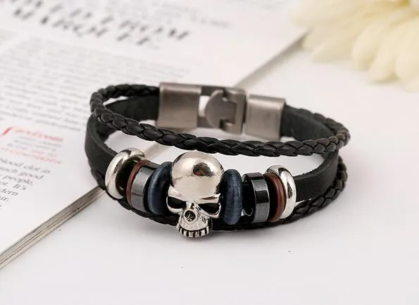 Meaeguet hommes cuir crâne Bracelets Rock Punk acier inoxydable squelette breloques manchette Bracelet Bracelets décontracté bijoux G44