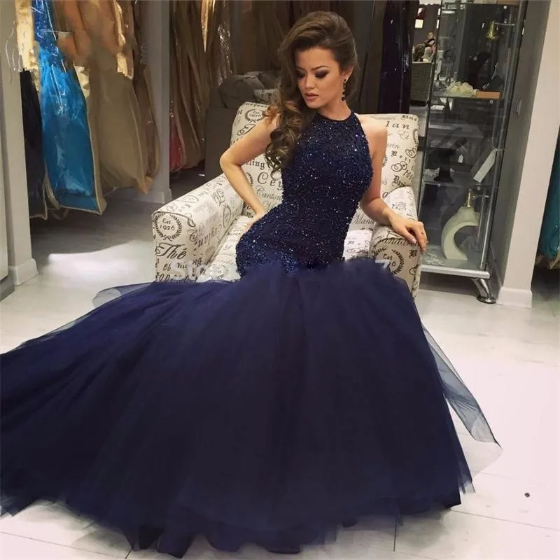 Gorgeous Blue Mermaid Evening Gown Elegant Floor Length Organza Long Prom Dresses Sexy Backless Beaded Plus Size Evening Dresses