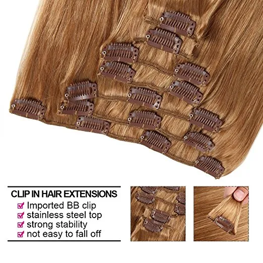 ELIBESS Hair - Clip In Human Hair Extensions 100grams 16clips Straight Wave Full Head 16inch-26inch #Golden Brown