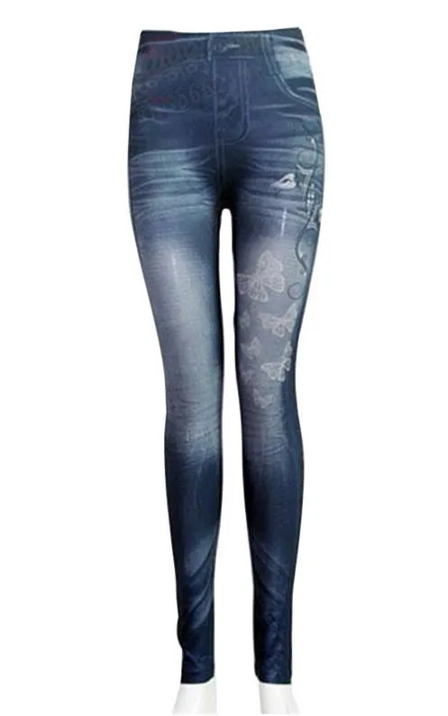 Fashion Women Faux Denim Jeans Leggings Butterfly printed Pencil Slim Plush size stretch Jeggings Sexy Lady Pants trousers blue black