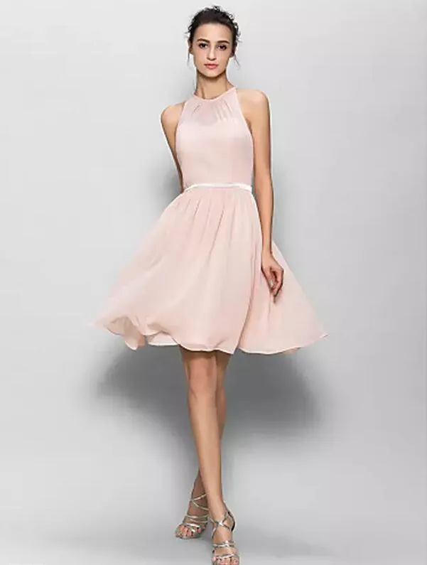 Nieuwe mouwloze knielengte chiffon bruidsmeisje jurk - Pearl Pink A-lijn juweel