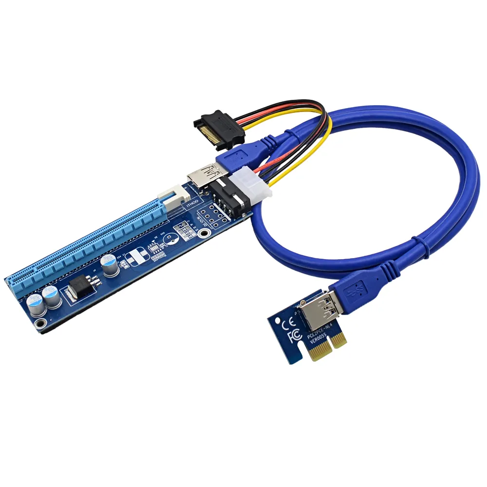 Freeshipping 10pcs 1M PCIe 라이저 카드 PCI-E 1x 16x Extender + USB 3.0 데이터 케이블 / SATA Bitcoin LTC 광부에 대 한 4 핀 Molex 전원 와이어