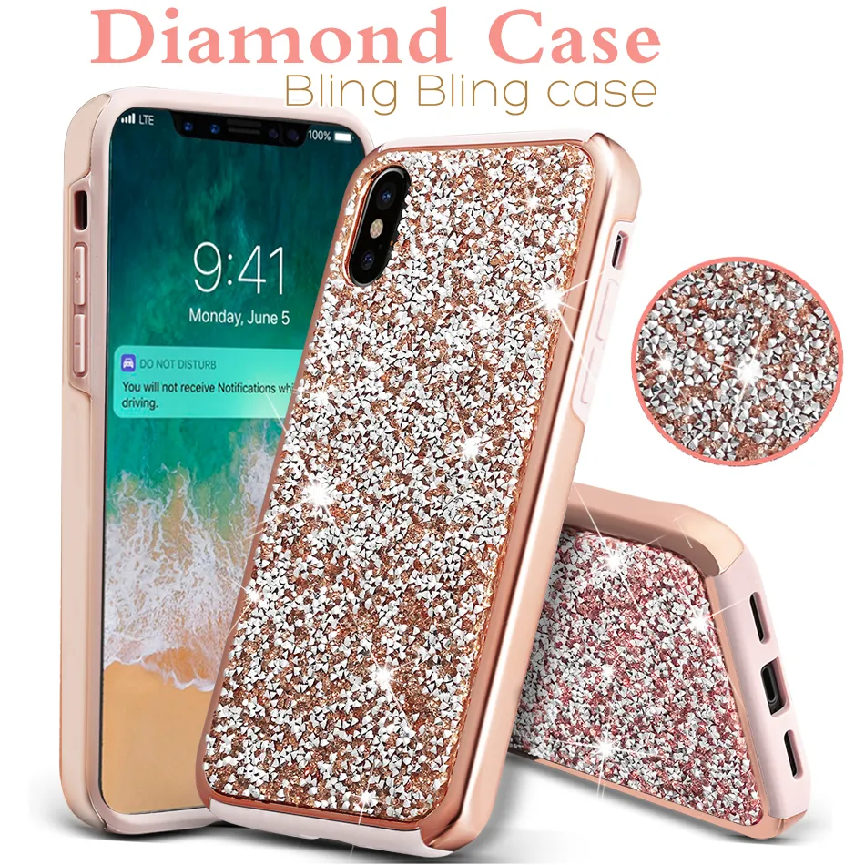 Cajas de diamantes para iPhone 14 13 12 11 Pro Max Samsung A30 Note10 S10 Premium Bling 2 en 1 Cajas de brillo de lujo con paquete OPP