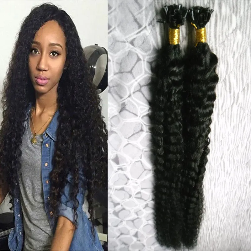 Peruansk Virgin Hair Kinky Curly Pre Bonded Fusion Human Hair U Tips 100g 1g / Strand 100s Keratin Stick Tips Mänskliga Hårförlängningar Jet Black