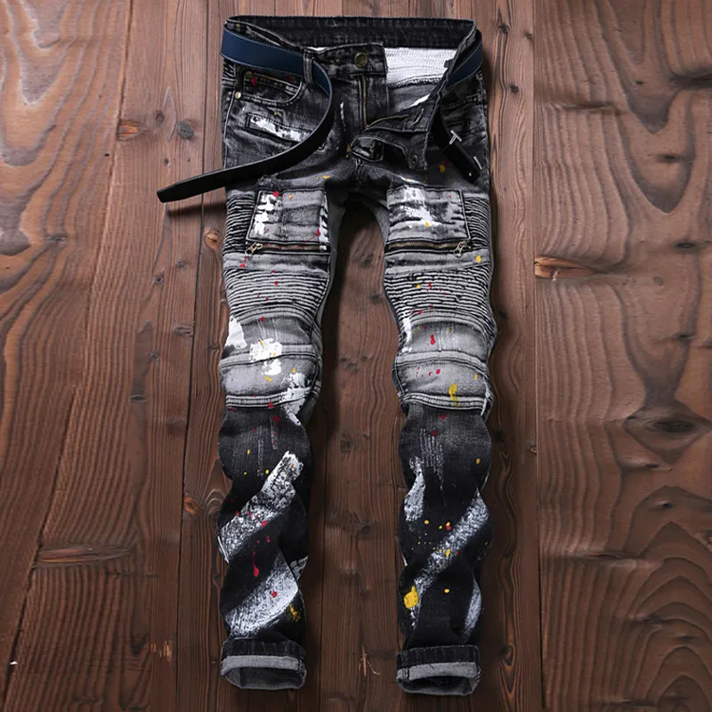 Wholesale- European Stylish Designer Men Jeans Punk Streetwear Colorful Paint Pants Skinny Fit Spliced Jeans Men Gray Color Biker Jeans