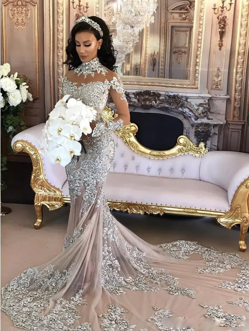 Stunning Mermaid Luxury Crystal Wedding Dresses Beaded High Neck Appliques Long Sleeves Wedding Gowns See-Through Chapel Train Bridal Dress