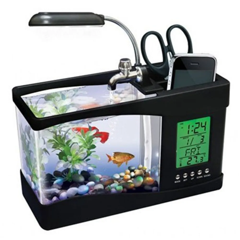 Aquarium Lights Mini USB med LCD-skärm Display Desktop Fisk Tank Led Clock Table Lampa Vit Svart