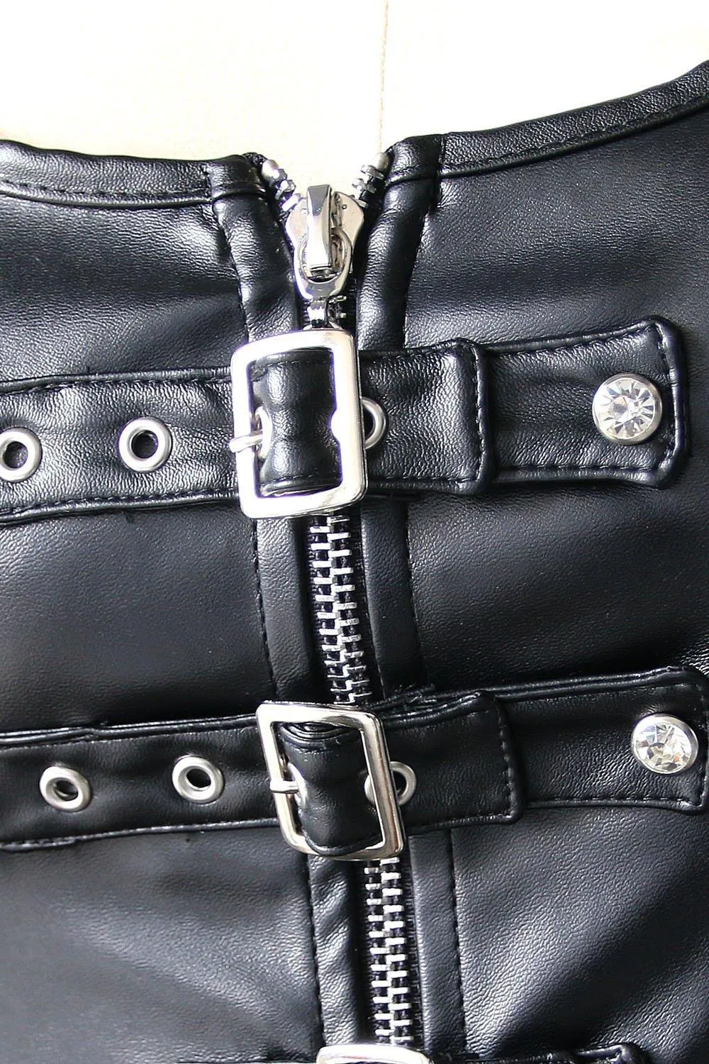 Kvinnor Fram Buckled Läder Bustier Korsett med Bondage Ringar Sexig Fetisch Mistress Playsuit Black