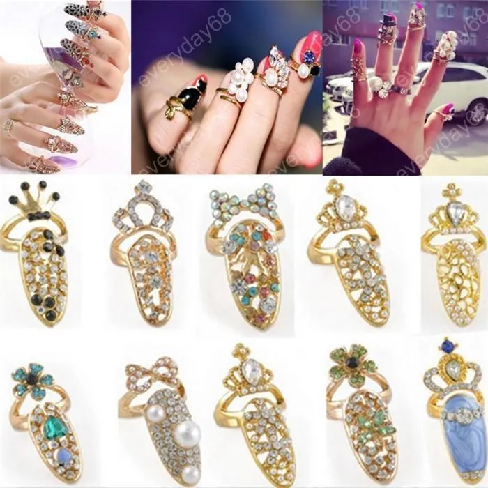 New Rhinestone Bowknot Finger Nail Ring Charm Crown Flower Crystal Personality Art Nail adjustable Rings For women Fashion Jewelry