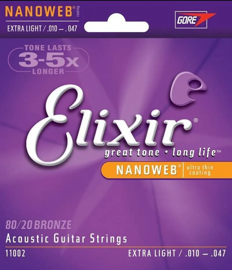 Free Shipping 5 sets / lot Elixir 11002 Acoustic Guitar Strings 80/20 Bronze With NANOWEB Ultra Thin Coating EXTRA LIGHT Guitar Accessories