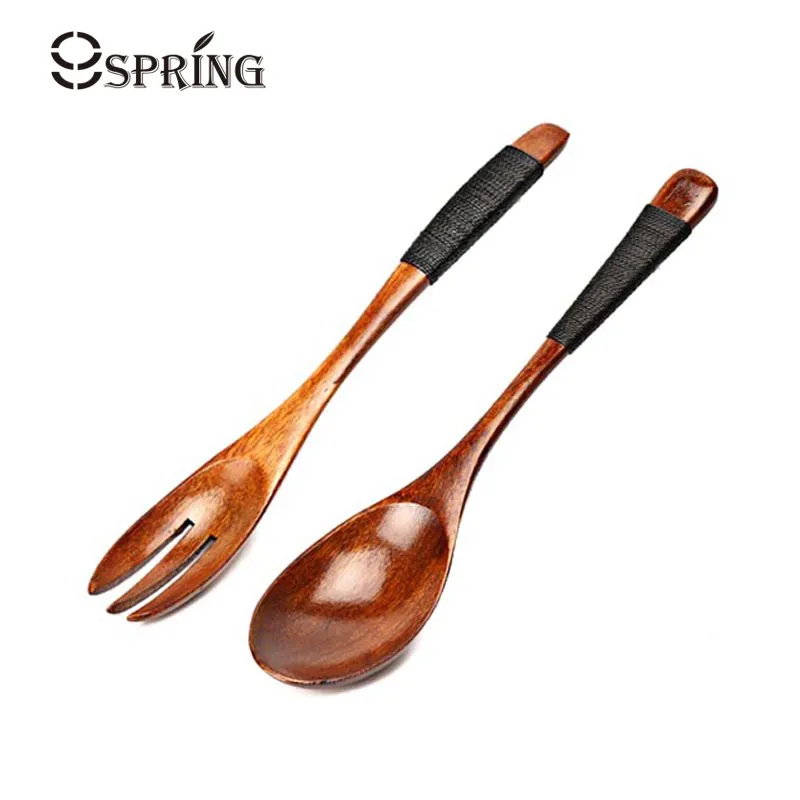 Japanese Style Wooden Cutlery Set Long Handle Salad Fork, Rice Soup