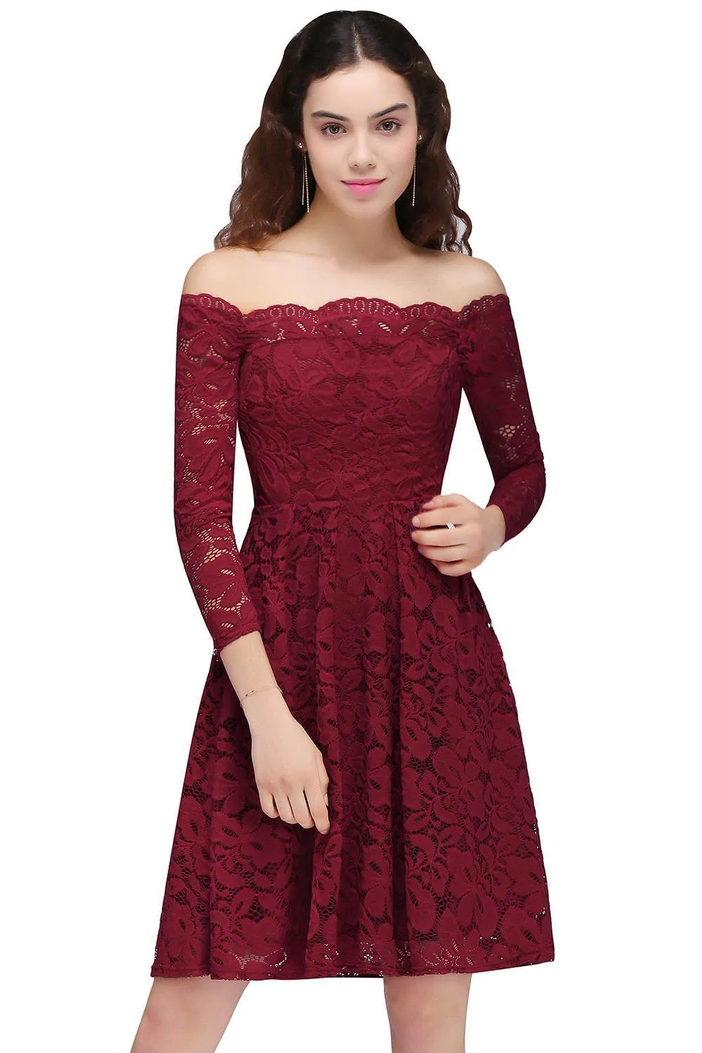 2018 New Design Lace Burgundy Party Homecoming Dresses Vintage Off Shoulders Long Sleeves Knee Length Cocktail Homecoming Dresses CPS694