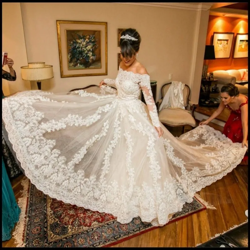 Robe De Mariage Custom Made Wedding Dresses 2020 Fashion Off Shoulder Neck Wedding Dress Long Sleeve With Appliques Vestidos De Novia