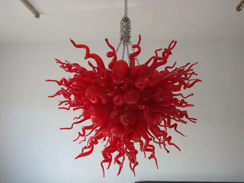 Lampes de style moderne en verre de Murano de couleur rouge 32 pouces Lustre soufflant à la bouche Lustre d'art Éclairages