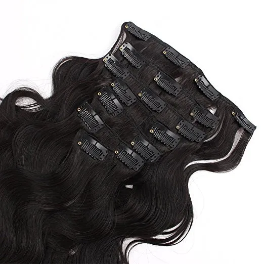 Klip w podwójnych wątwach peruwiańskie ludzkie przedłużenia włosów fala ciała 100% Virgin Remy Human Hair 7 sztuk 100 gram 12 cali-26 cali naturalne czarne włosy