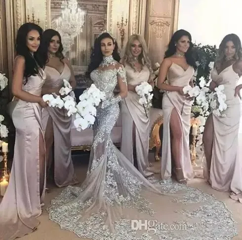 Luxe Sparkly 2017 Designer Robe De Mariée Sexy Sheer Bling Dentelle Perlée Applique Col Haut Illusion À Manches Longues Sirène Chapelle Robes De Mariée