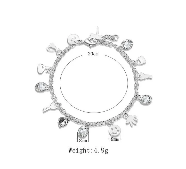 Moda 925 Pulseira De Prata Charme rosto Sorrindo Libélula trancar Chave Da Folha De Palmeira Cisne coração Treze Tag Pingente Pulseira