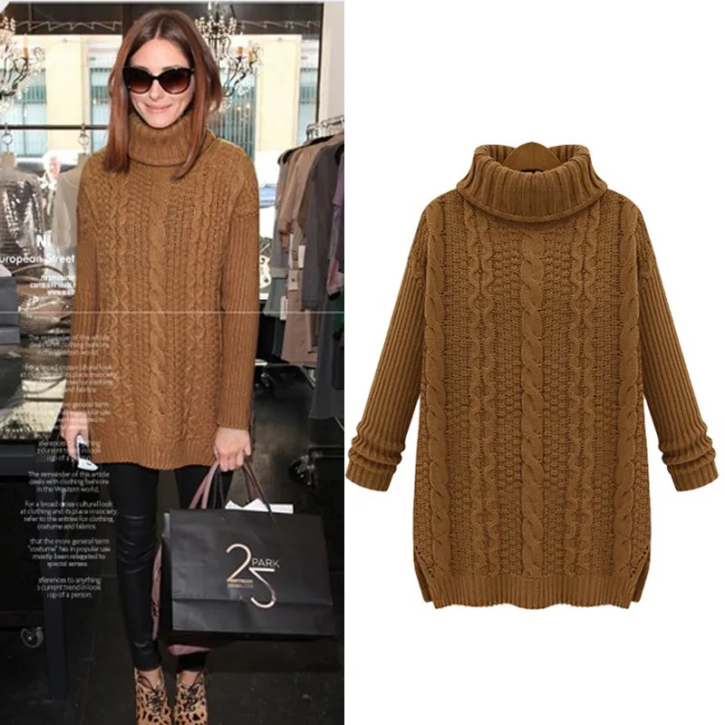 All'ingrosso-Donna Maglioni e pullover 2016 Autunno inverno Casual Medio-lungo Colletto rovesciato Twist Maglione vintage spessorato in lana lavorata a maglia