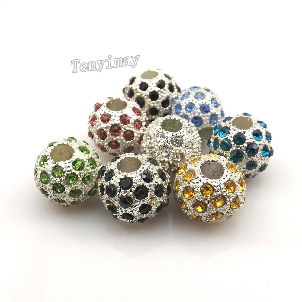 Totalmente-jóias Europeu Charme Beads Cor Misturada Strass Big Hole Beads de Prata Banhado Núcleo Solta Pérolas 24 pçs / lote