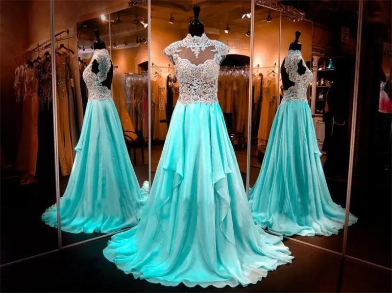 Mint Green High Neck Prom Dresses With Cap Sleeves Sheer Neck 3D Appliques Chiffon Hollow Back Evening Dress Long Modest Party Gowns