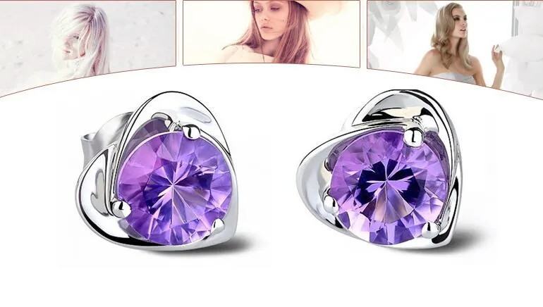 2017 Vente Chaude S925 argent sterling violet blanc cristal boucles d'oreilles femme belle oreille bijoux véritables boucles d'oreilles en forme de coeur