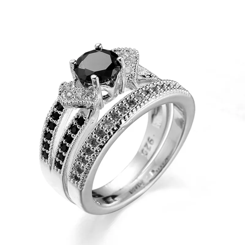 SZ6-10 Elegante Preto Diamonique CZ Branco Ouro Filled Wedding Engagement Ring Band Sets