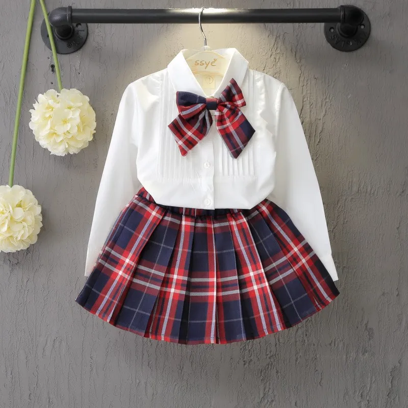 AutumnSpring New School Style Fashion Baby Girls Dress Set White Shirt Top Avec Plaid Noeud Tie + Plaid Mini Jupe 3 Pcs Ensembles 3-7T