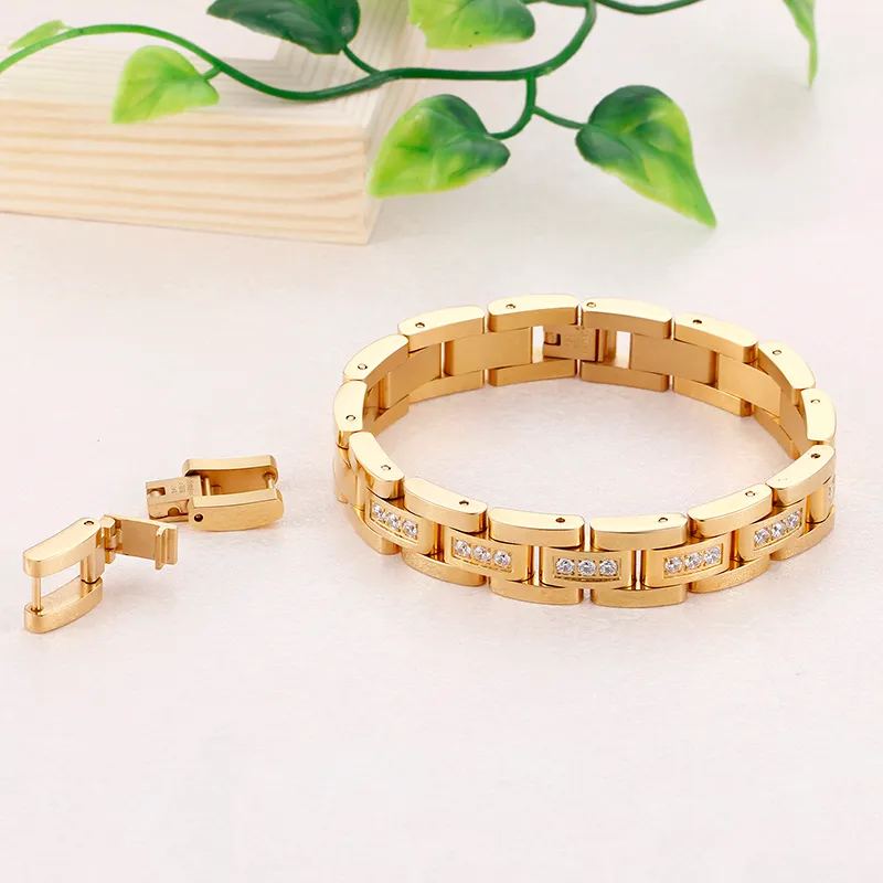 Unisex Charming Gifts 7.87'' 12mm Stainless Steel High Quality Cubic Zirconia Bracelet Women Men's Cool Jewelry Gold