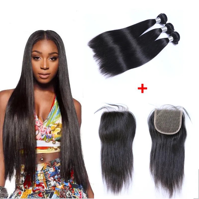 Brazilian Straight Human Virgin Hair Weaves With 4x4 Lace Closure Bleached Knots 100g/pc Natural Black Color 1B Double Wefts Hair Extensions