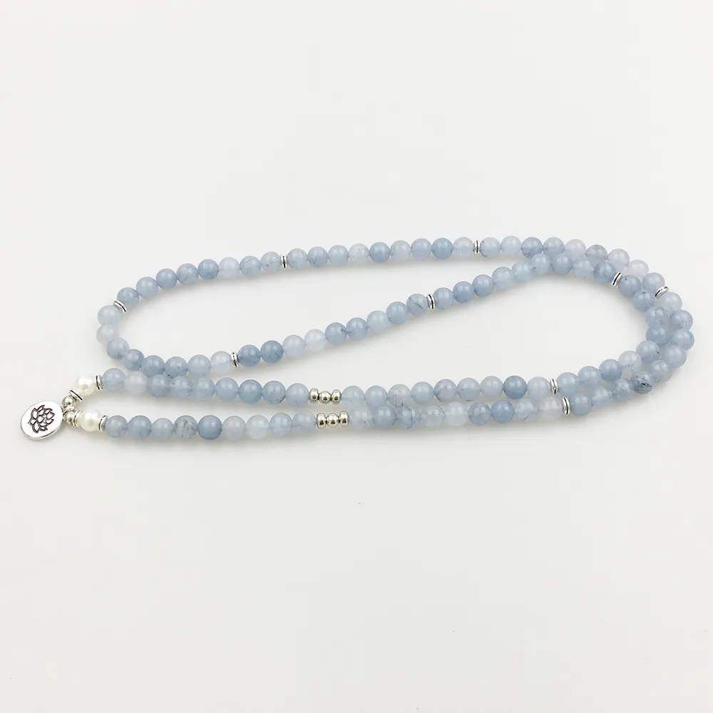 SN1205 Design Women`s 8 mm Blue Stone 108 Mala Beads Bracciale o collana Lotus Charm Yoga Bracciale