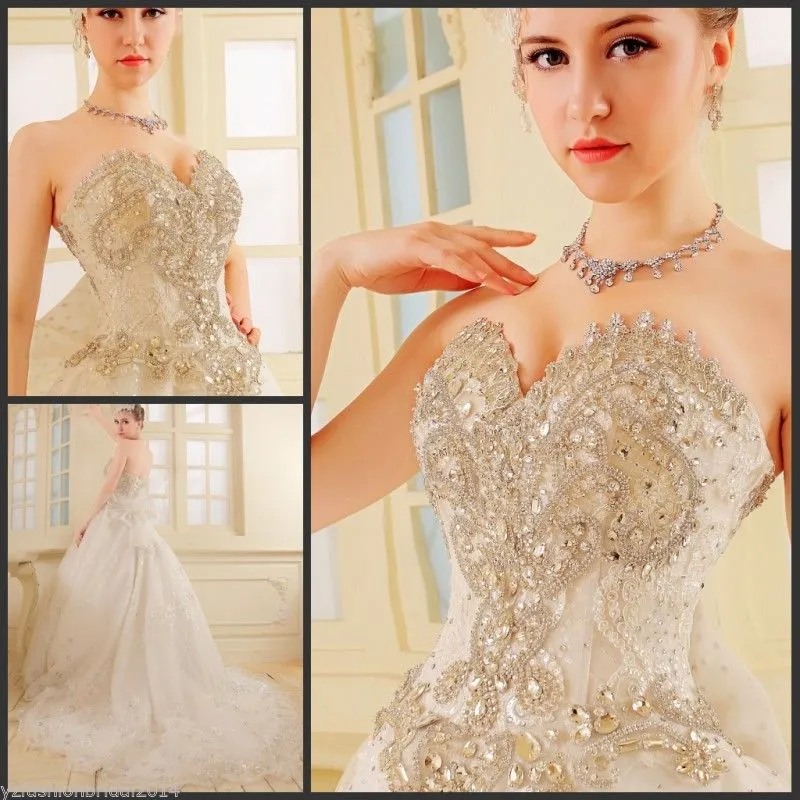 Sweetheart Luxury Wedding Dress Real Photo With Swarovski Crystal Ball Gown Lace Applique Court Train Tulle Diamond Bling Bridal Gown