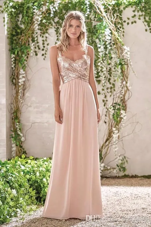 Rose Gold Druhna Sukienki linia Spaghetti Backless Chifon Tani Long Beach Wedding Gości