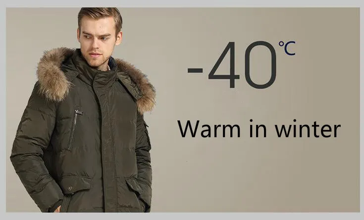 Winter Mens Long Jackets Vit Duck Down Parkas Jacka Real Raccoon Fur Hoodies Snows Coats Tjockning Varm Outwear Overcoat Plus Storlek 5XL