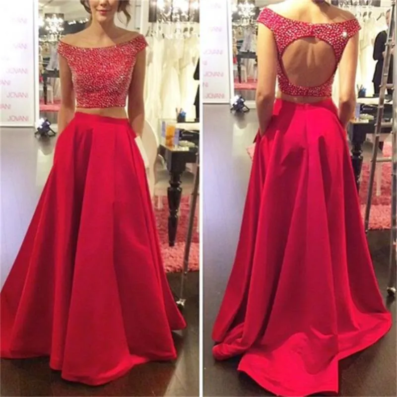 Off the Shoulder All Red Beaded Evening Dress 2023 Two Piece Satin Backless Prom Dress Custom Made Long A-line Elegant Formal Gowns